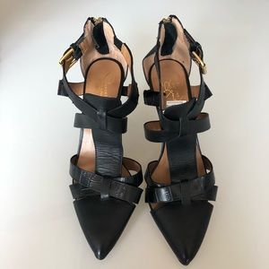 Black Strappy Heels with Gold Detail